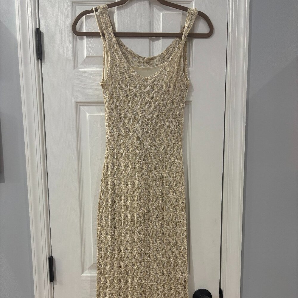 Light and breathable vintage crochet overlay dress with cream colored inner slip